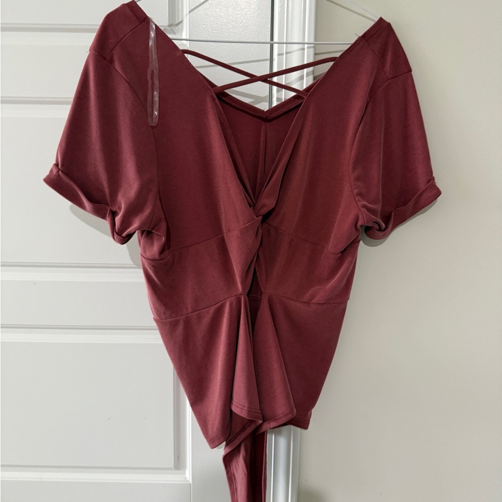 Daytrip Mauve Ribbed Open Back Cross Strap Off Shoulder Tie Front Top Size L